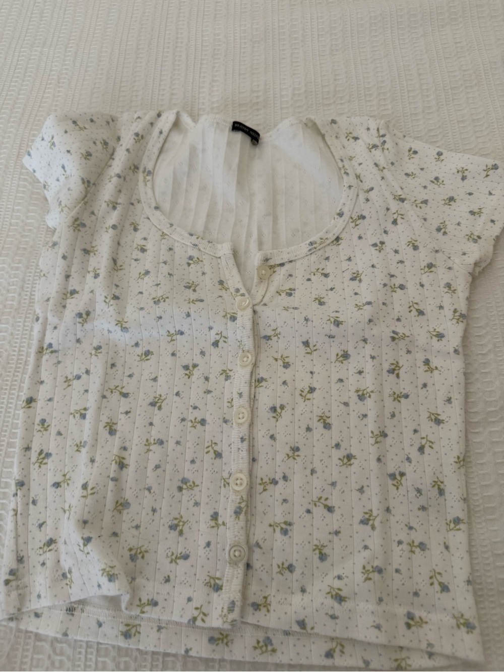 Brandy Melville White Floral Button-Up Ribbed Top